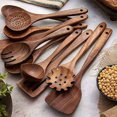 11-teiliges Teakholz-Küchenutensilien-Set | Mit Halterung | Naturholz