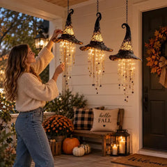 Hängende Hexenhut-Lichterkette – Magische LED-Hängedeko für Halloween