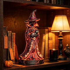 Hexe mit Katze – Leuchtende Halloween Dekofigur, 22 cm