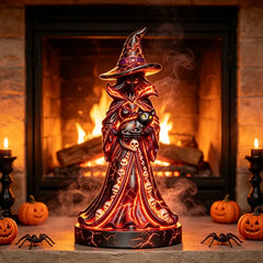 Hexe mit Katze – Leuchtende Halloween Dekofigur, 22 cm