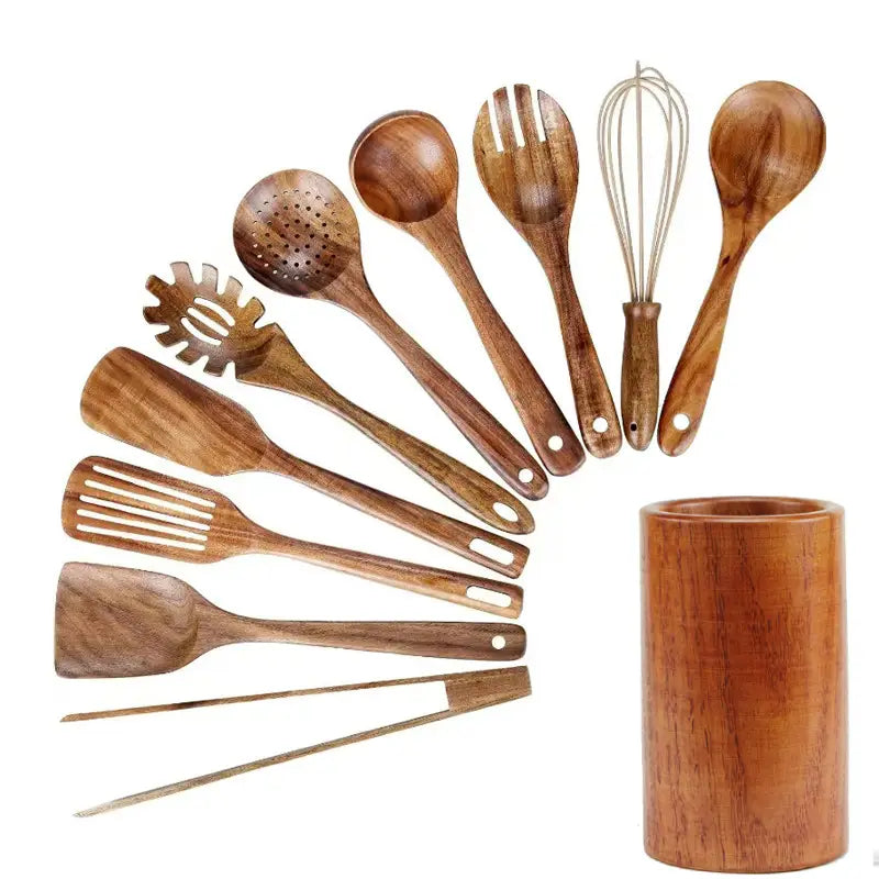 11-teiliges Teakholz-Küchenutensilien-Set | Mit Halterung | Naturholz