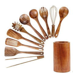 11-teiliges Teakholz-Küchenutensilien-Set | Mit Halterung | Naturholz