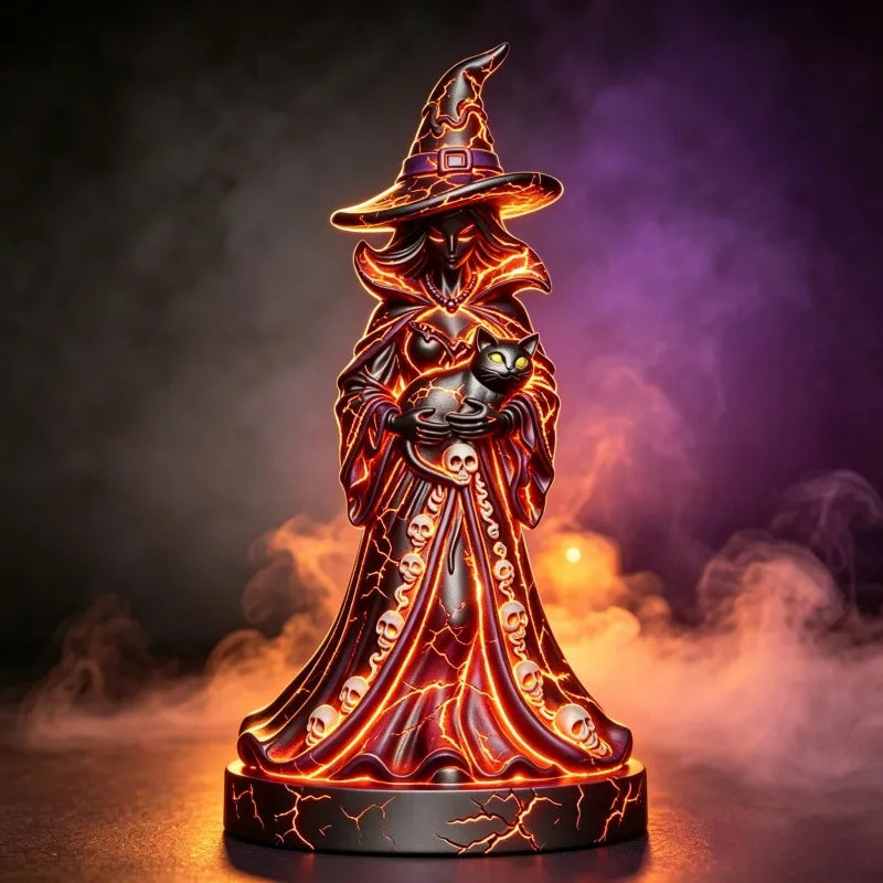 Hexe mit Katze – Leuchtende Halloween Dekofigur, 22 cm