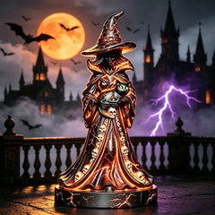 Hexe mit Katze – Leuchtende Halloween Dekofigur, 22 cm