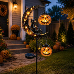 Solar Gartenstecker Schwarze Katze & Kürbis-Mond – stimmungsvolle Halloween-Deko