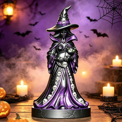 Hexe mit Katze – Leuchtende Halloween Dekofigur, 22 cm