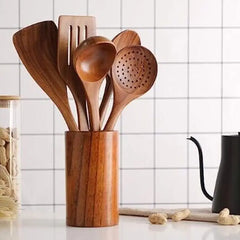 11-teiliges Teakholz-Küchenutensilien-Set | Mit Halterung | Naturholz