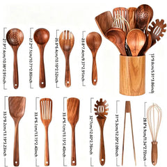 11-teiliges Teakholz-Küchenutensilien-Set | Mit Halterung | Naturholz