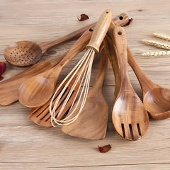 11-teiliges Teakholz-Küchenutensilien-Set | Mit Halterung | Naturholz