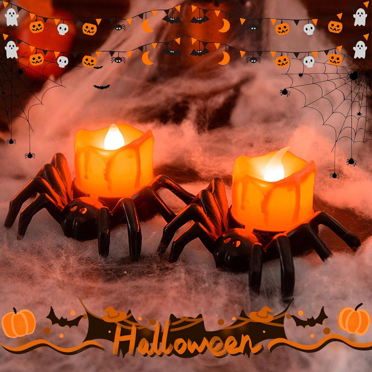 LED-Kerzen Set – Spinnen-Deko für Feier & Party