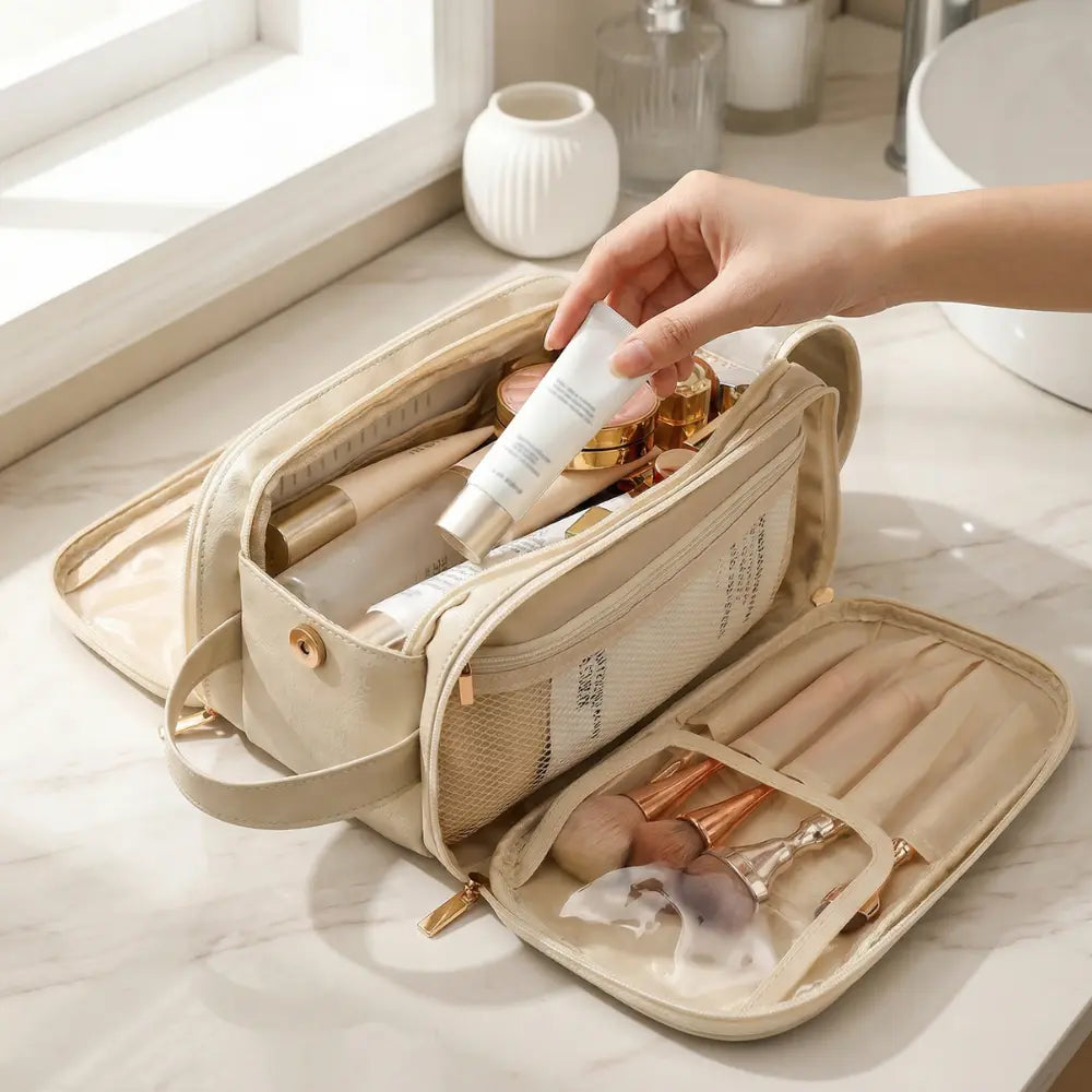 Kosmetiktasche mit Dual-Zip Flachöffnung - Organizer mit Pinselfächern